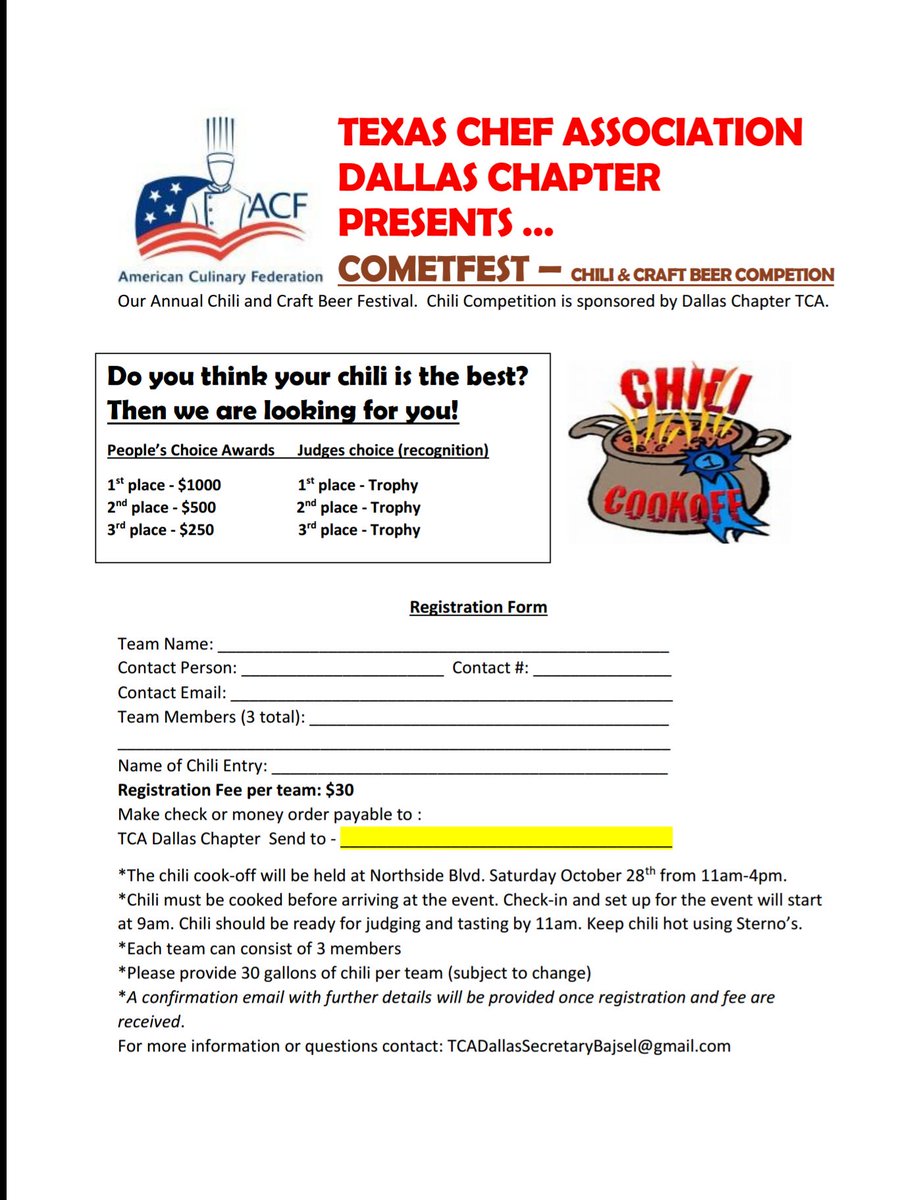 Dallas_TCA's tweet image. It's chilli cook off time!  Register your team to win great prizes!🍜🤠