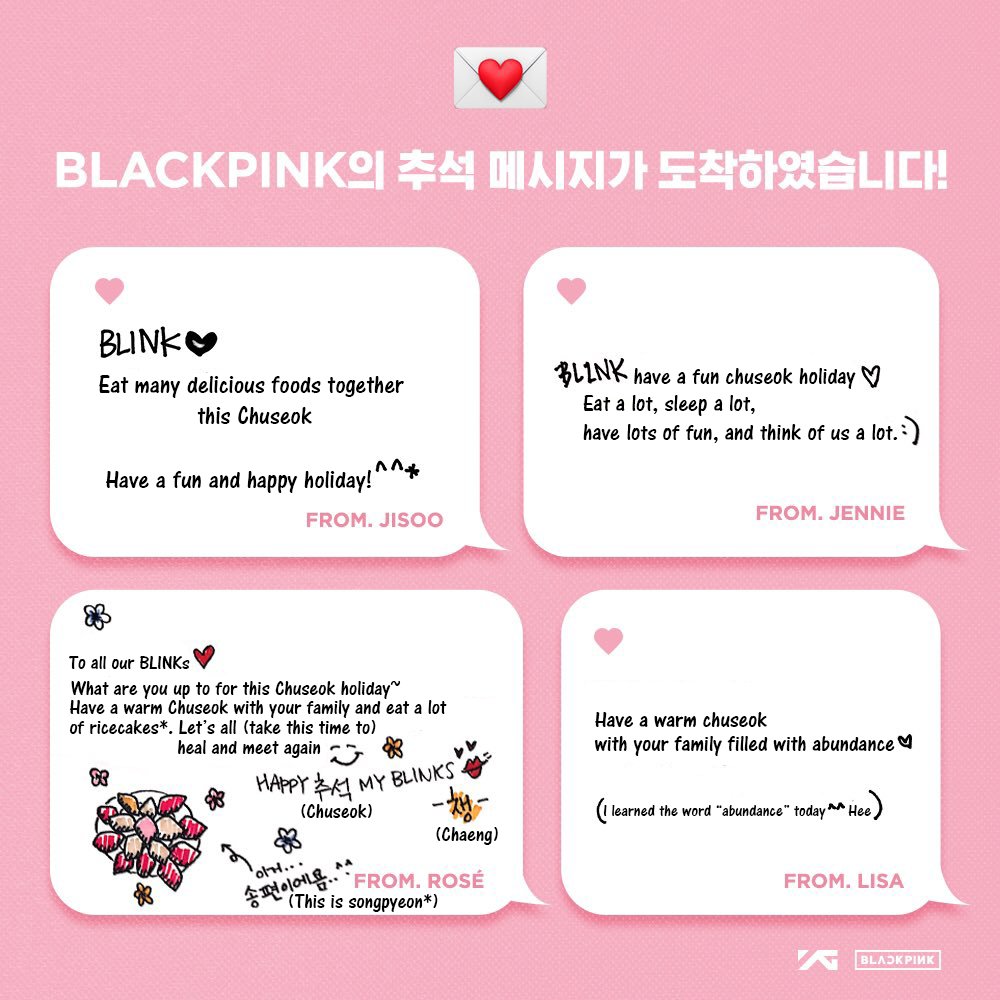 ForeverKimJisoo's tweet photo. [ENG/TRANS] 170930 BLACKPINK CHUSEOK MESSAGE FOR BLINKs! 
Translation by FKJ. May contain minor errors #BLACKPINK #ForBlinks #Chuseok #trans https://t.co/5eNfkiVE1E