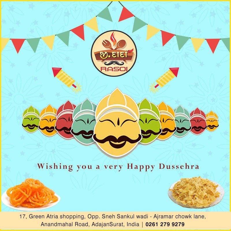 GDadaFarsan's tweet photo. Let us all together celebrate the victory of good over evil on this auspicious day.
A joyous festive wishes to you, your brand and your family.
#HappyDussehra from #Gdadasurtifarsannrasoi https://t.co/KPMrZgd9o9