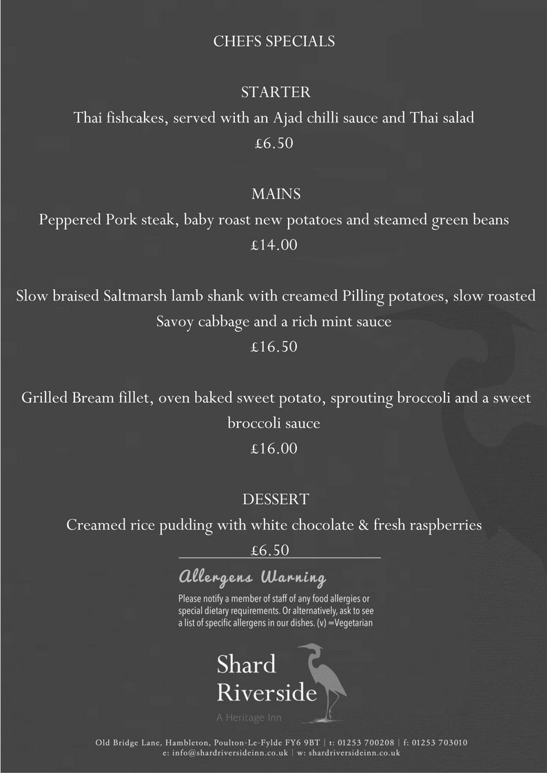 Enjoy Riverside dining overlooking the River Wyre at Hambleton. Usual menu and specials available. Call 01253 700208 to reserve your table.