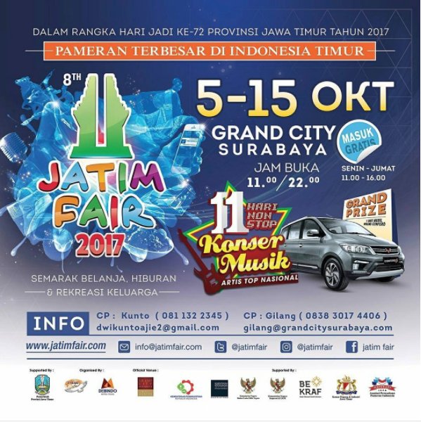 Pameran terbesar di Indonesia Timur: <a href="/JatimFair/">Jatim Fair</a> 2017, HARI INI! 5 - 15 Okt 2017  w/ <a href="/JamrudBand/">JAMRUD BAND</a>  at <a href="/GrandCitySBY/">Grand City Surabaya</a>