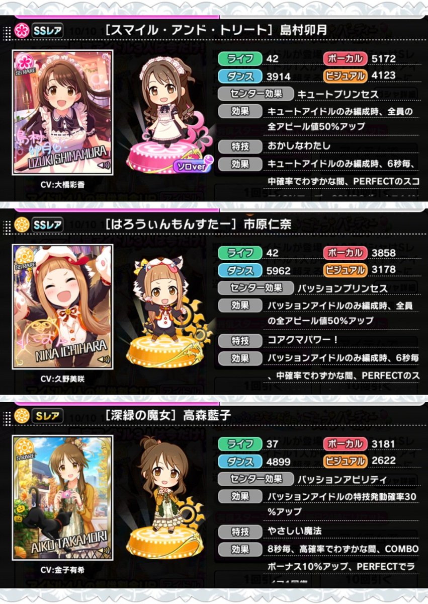 ばしみけ 346pro P デレステも新ガチャ来てますな おおっと メイドしまむー モンスター仁奈 1色特技良いなぁ 限定は他にsr藍子ちゃんも 新規では泰葉ちゃんのsrも来てる デレステ デレマス 島村卯月 市原仁奈 高森藍子 岡崎泰葉 T Co