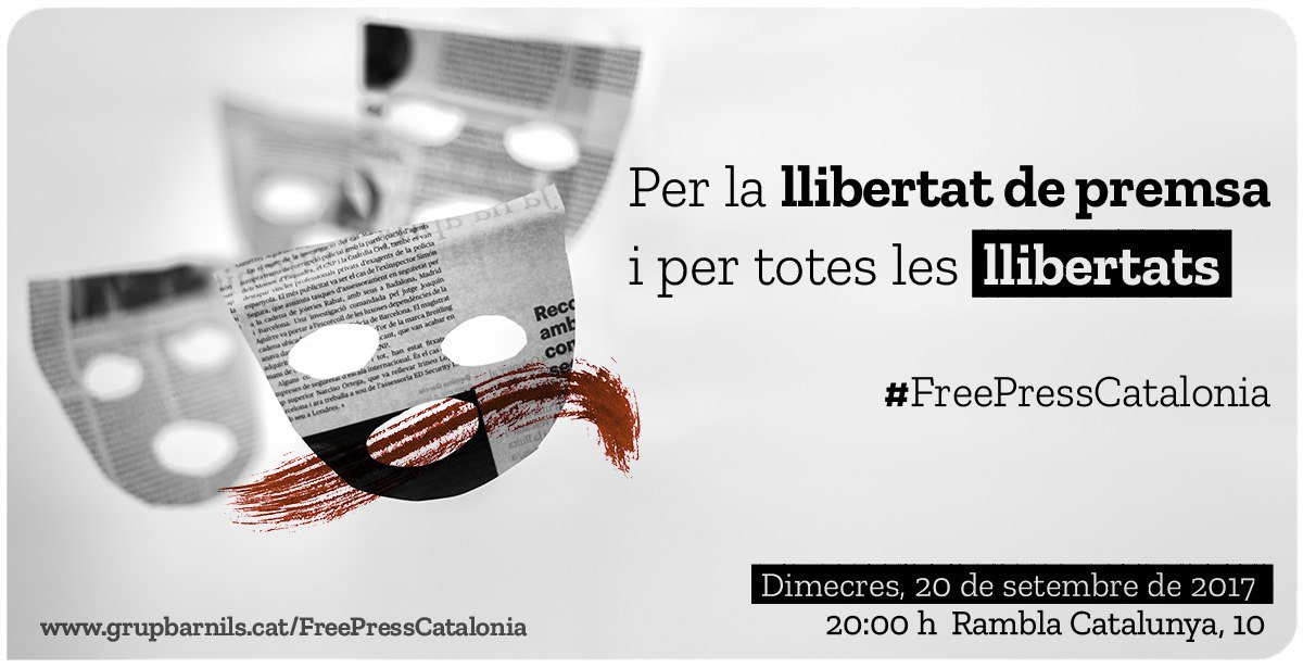 Per la llibertat de premsa i per totes les llibertats. #FreePressCatalonia
Dimecres, concentració! 

👉Manifest: grupbarnils.cat/freepresscatal…