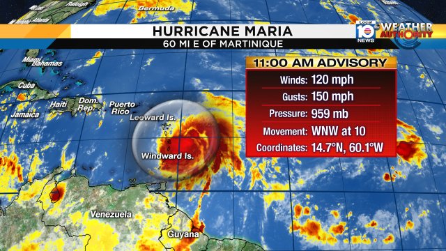 #Maria is now a category 3 major hurricane. Winds are 120 mph as it approaches the Leeward Islands https://t.co/aEXNPCSYwD