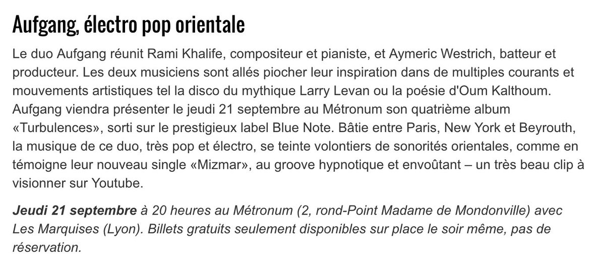 . <a href="/weareaufgang/">Aufgang</a> dans le top 5 de la semaine de <a href="/ladepechedumidi/">La Dépêche du Midi</a> 
En concert jeudi au <a href="/LeMetronum/">Le Metronum</a> + <a href="/LesMarquisesFr/">Les Marquises</a> 
ladepeche.fr/article/2017/0…