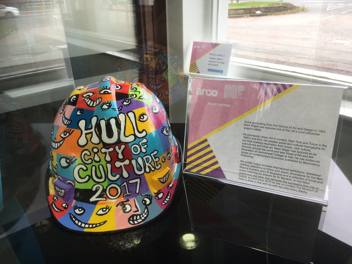 How lucky are we <a href="/ArcoSafety/">Arco: Experts in Safety</a> to have a <a href="/markwigan/">Mark Wigan</a> designed hard hat on display, head to @Ststephenshull to see our other arty hats #Hull2017