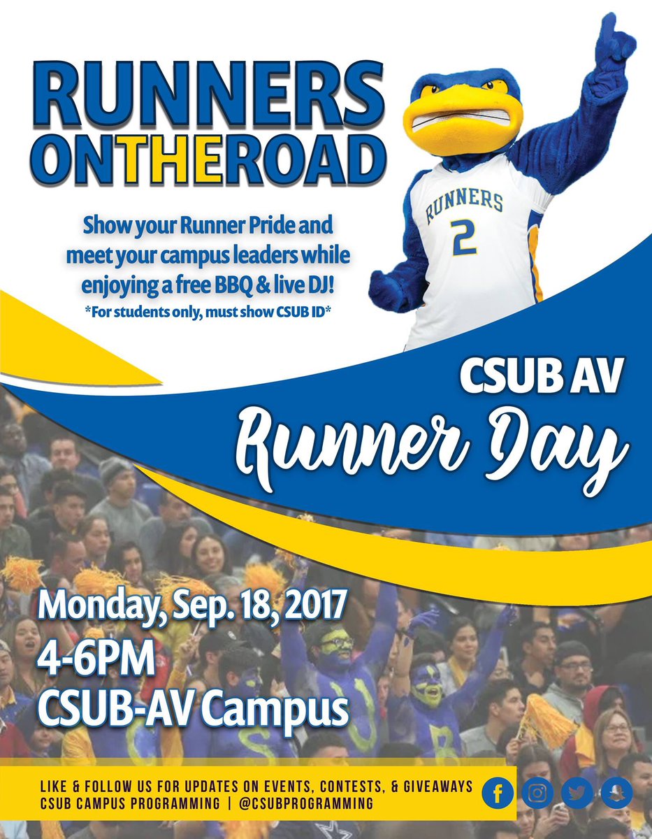 CSUBakersfield's tweet photo. #MotivationMonday: Lots going on today! We've got a week full of great events and here are a few for today... #CSUBFall2017 #RunnerDay 💙💛😁 https://t.co/JHZGlI6bDG