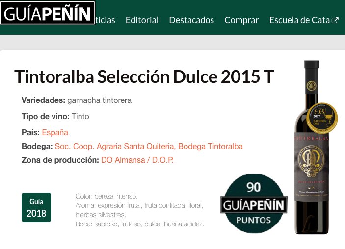 Good Review from <a href="/guiapenin/">Guía Peñín</a> 2018: Tintoralba Dulce Selección 2015  - 90 points.