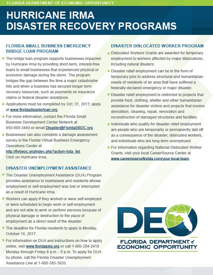 FLACommerce's tweet photo. You will not have to recover from #HurricaneIrma on your own. View the variety of Disaster Recovery Programs DEO offers: https://t.co/ycE1D3Yr8I
