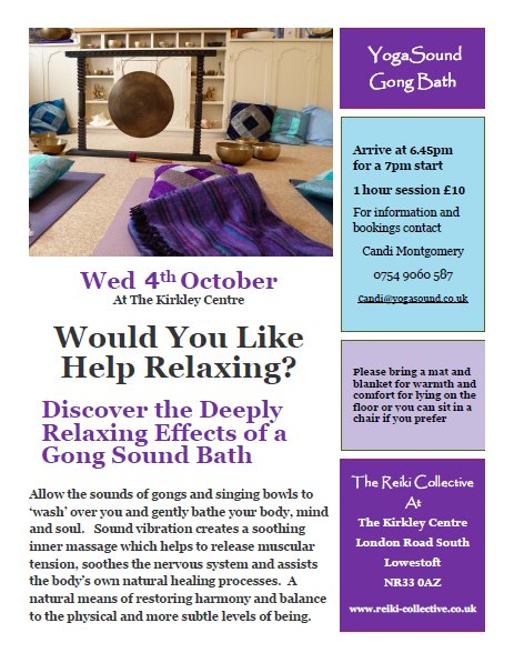 KirkleyCentre's tweet photo. Would you like to try something new to help you relax? Reiki Collective are running a Gong Sound Bath on 4th October, contact Candi to book. https://t.co/83Ey6lgnna
