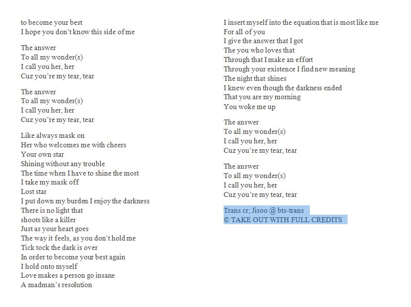 𝓜omo On Twitter Bts Twt Eng Lyrics Outro Her By Bts Twt Trans Cr Jisoo Bts Trans Bts Dna Today Btsalbumtoday Https T Co 5rizg9nquc Twitter