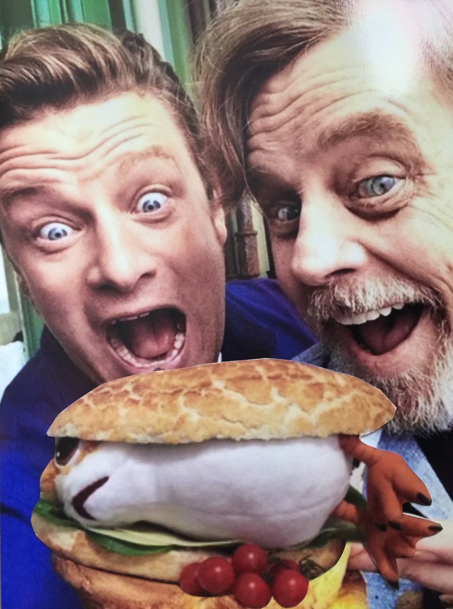 UKToyCollector's tweet photo. @HamillHimself &amp; @jamieoliver tuck into the #PorgRoll I made for them 😆

#Porgs #Porg #PorgsTasteLikeChicken #PorgPie #StarWars #TheLastJedi https://t.co/fDnqHIe4cA