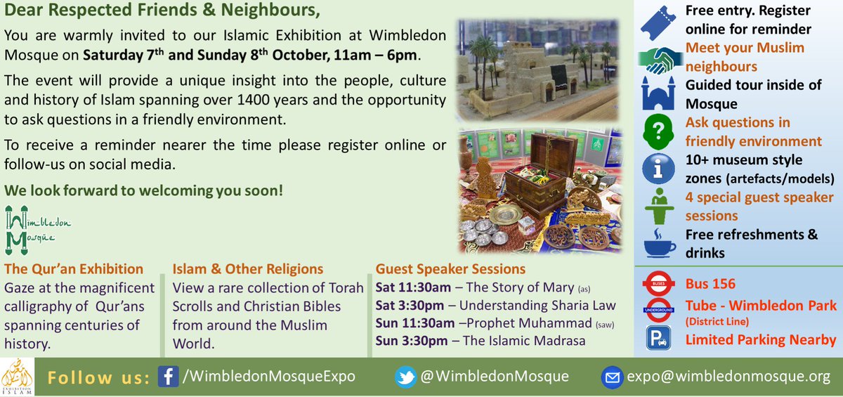 WimbledonMosque's tweet photo. Join us @WimbledonMosque 7th/8th Oct for upcoming expo on #Islam. Don't let #London #ParsonsGreen attack disunite us https://t.co/XPtIxwtPus https://t.co/4z7gkcEUgK