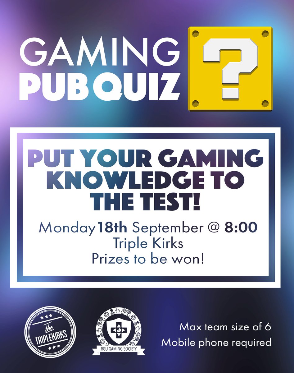 RGUGaming's tweet photo. Come along to our quiz tonight!🎮😁 https://t.co/R6apmoKDYg https://t.co/c5ZS2WbKgK