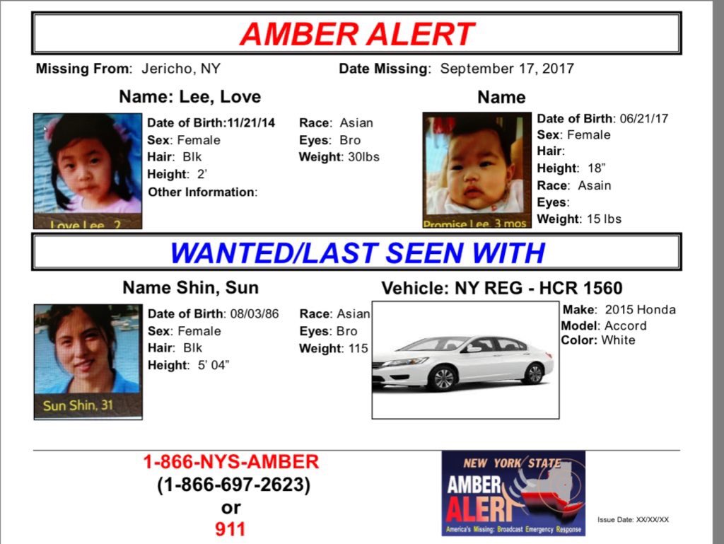 NYPDBklynNorth's tweet photo. Retweet. AMBER ALERT: Nassau County PD investigating abduction of toddler, 2-month-old from Jericho. NY Plate: HCR1560 https://t.co/tgsqjPyjYL