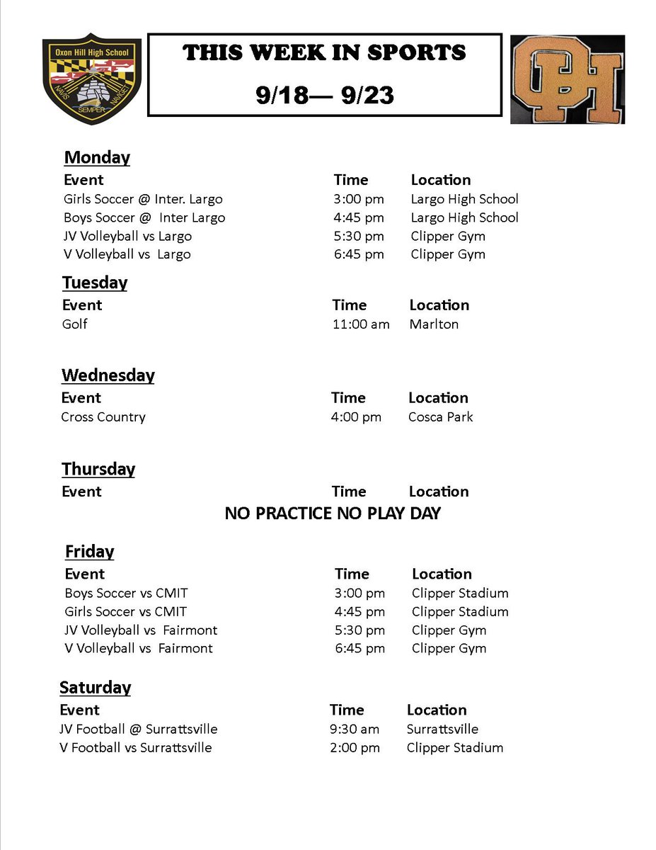 ALL Out, ALL Game, ALL Season.  This week in Clipper Sports 
<a href="/OHHSClippers/">Oxon Hill High School</a> @OHHSFan <a href="/OHHSSGA/">OHHS SGA</a>