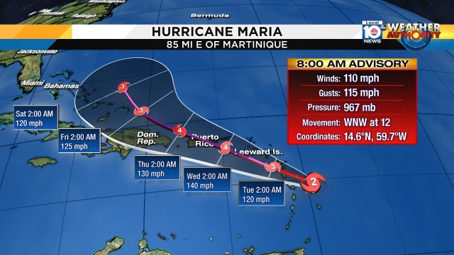 New advisory and forecast cone of Maria. The system has strengthened to a Cat 2 Hurricane. https://t.co/kRHubNNX5g
