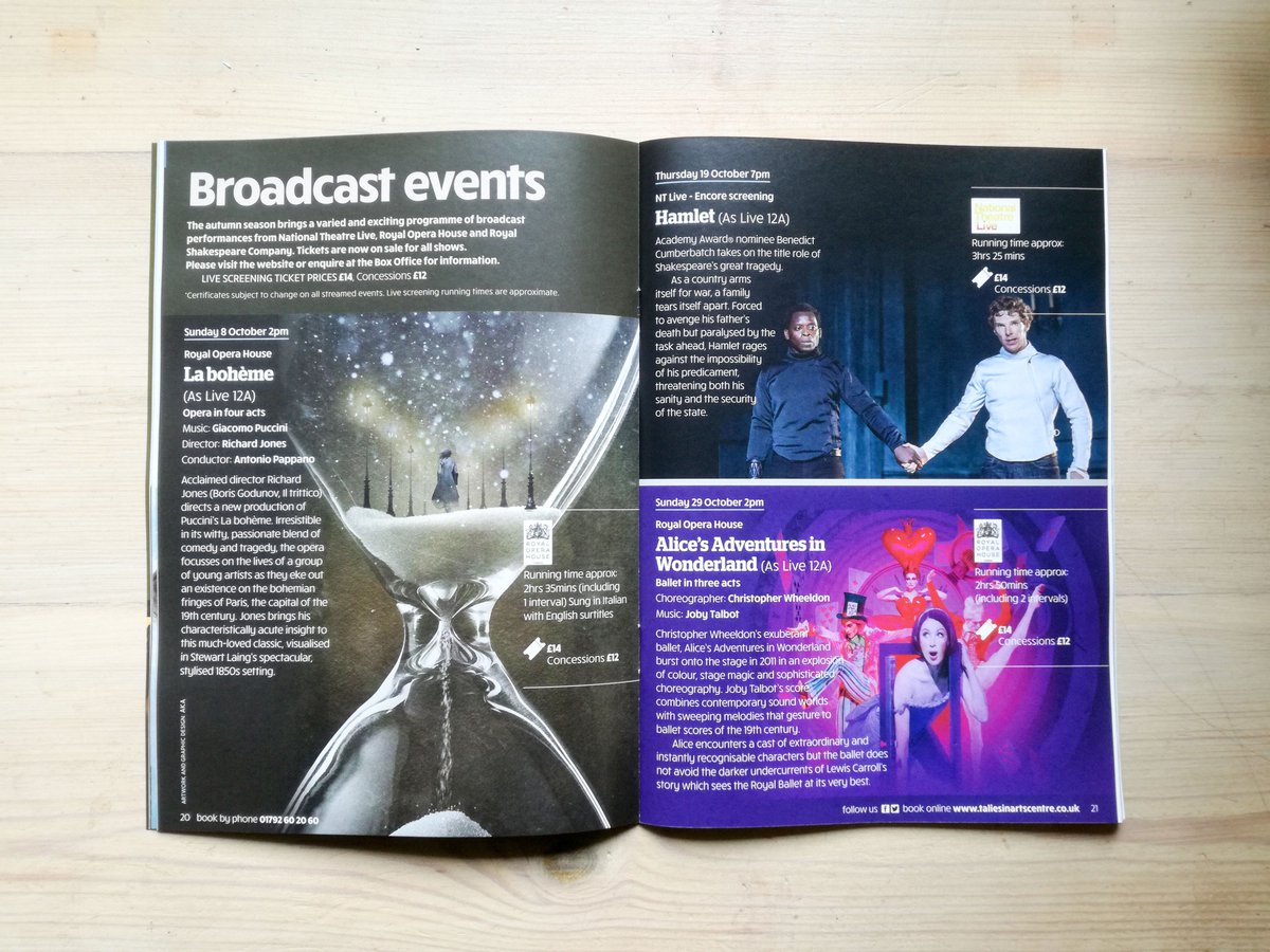 ridlerwebster1's tweet photo. Some sample pages of the new @TaliesinSwansea #brochure for Autumn, designed by us. #graphicdesign #print #theatre https://t.co/HuQV0IaCjw