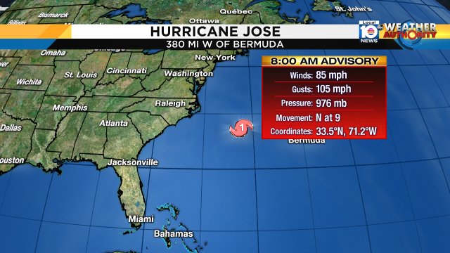 New Advisory for Jose! Hurricane force winds extend out from the center 60 miles while T.S.winds 205 miles https://t.co/cIaU3UiJBd