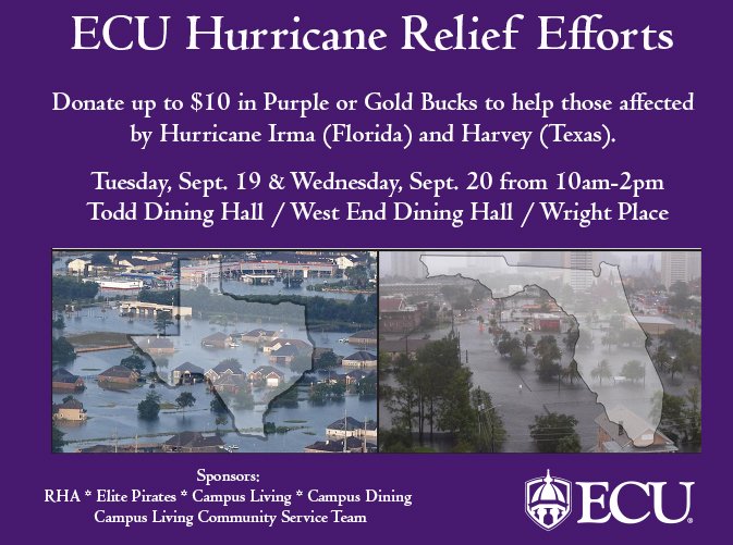 #Pirates: Want to help w/ hurricane relief efforts? You can donate $10 in Purple or Gold bucks on 9/19 or 9/20: go.ecu.edu/32bd2140