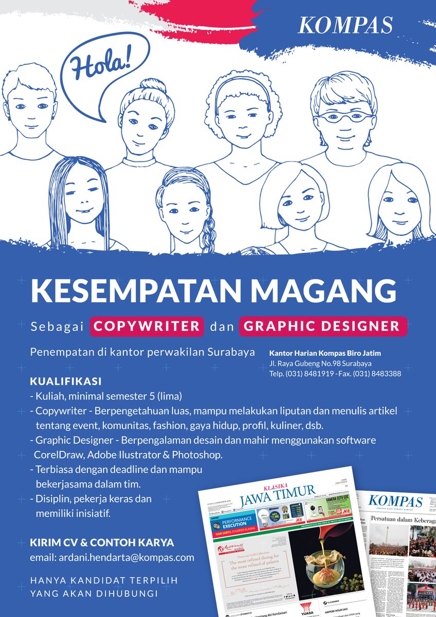 Dibuka kesempatan magang di Harian Kompas Jatim (posisi: Desain Grafis dan Copywriter) JOIN US!