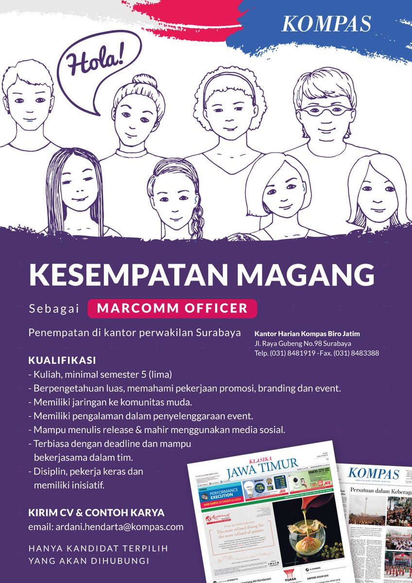 Dibuka kesempatan magang di Harian Kompas Jatim (Posisi: Marcomm Support) JOIN US!