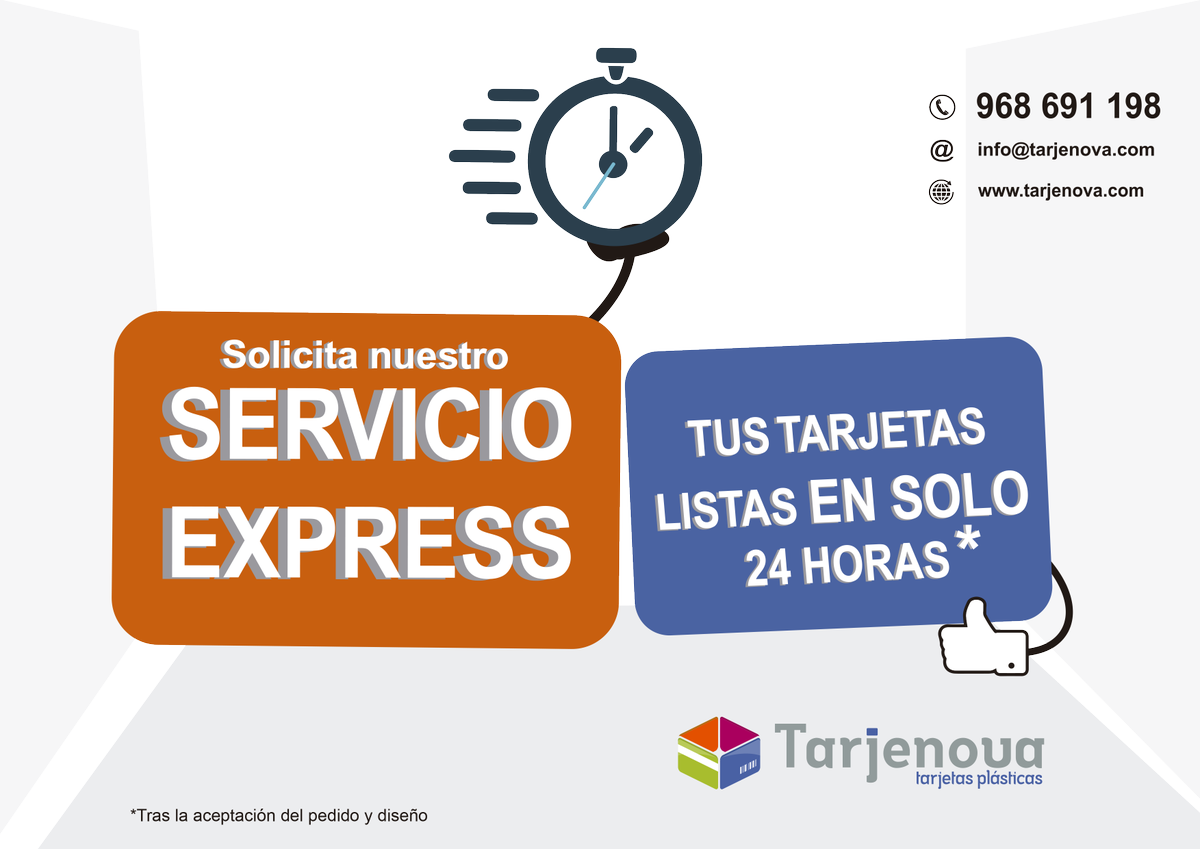 Tarjenova's tweet photo. Necesitas tus tarjetas para mañana?Solicita nuestro #servicioexpress y en #tarjenova te fabricamos las tarjetas en 24h.☎️Llámanos 968691198 https://t.co/M7DhvcTXVh