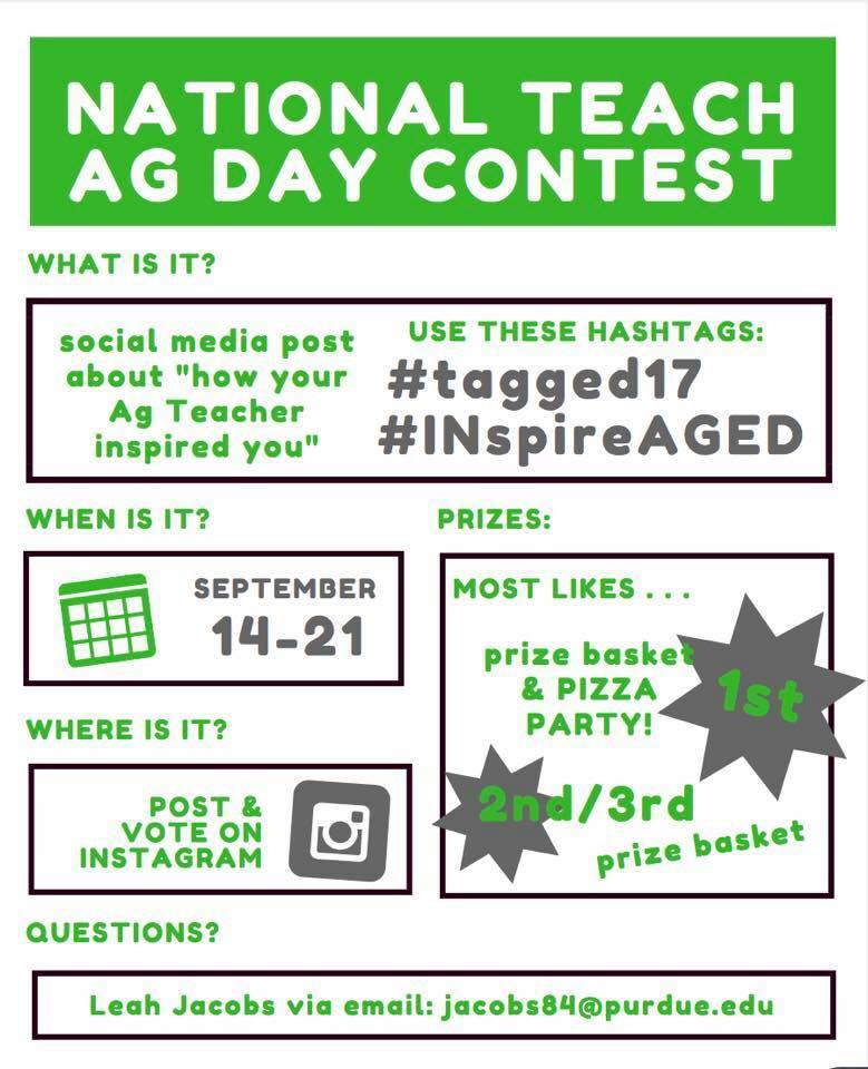 IndianaAgEd's tweet photo. National Teach Ag Day is SOON!  Check out Indiana's fun contest: 
#taggedtoteachag #aged #nationalteachag @Leahjlovesag https://t.co/kMMNW4Aq4n