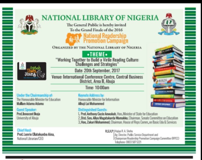 Librarygovng's tweet photo. Attend our 2017 Readership Promotion Campaign GRAND FINALE.
#catchthemyoung #NationalLibraryNG #Reading @librarian_nkem @SDGsNGA @baba_nma https://t.co/JawyfHgciB