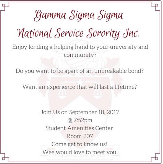 Gamma Sigma Sigma will be hosting an informative meeting tonight in the New Student Center, Room 207 @ 7:52pm. Come out!!