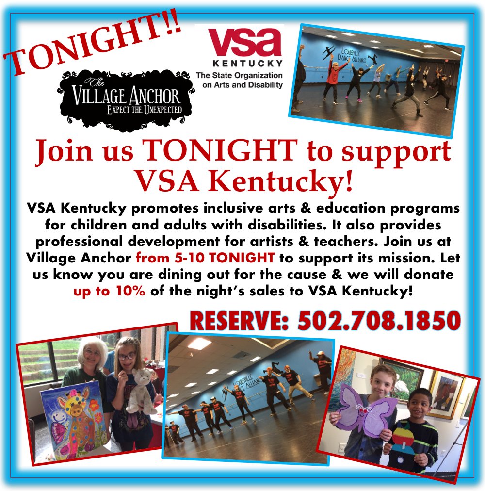 VillageAnchor's tweet photo. Join us at @VillageAnchor TONIGHT from 5-10 to support @VSAKentucky! Mention #VSAKY & we'll donate up to 10% of the night's sales to them! https://t.co/nMszVAP5ZG