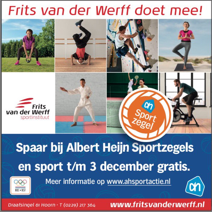Spaar nog tot 23/9 sportzegels en kom gratis sporten <a href="/FVDWsport/">Frits van der Werff</a>. #ahsportactie #gratisproeflessen #kennismaken
fritsvanderwerff.nl/albert-heijn-s…