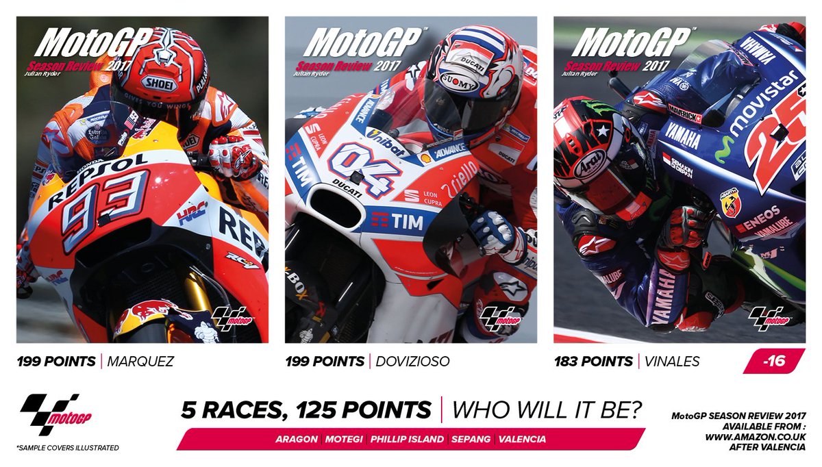motocom's tweet photo. Who will win the 2017 title and be featured on the official #MotoGP season review cover? They'll be step closer this weekend after Aragon... https://t.co/1Zd71rYJbW