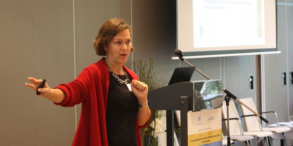UNIDO's tweet photo. Deep #GVC linkages call for deep agreements! @TuckSchool’s @emilyjblanchard makes the case for a #globalcodeofconduct @ #UNIDO_Kiel Conf. https://t.co/7ZCWg9hvyN