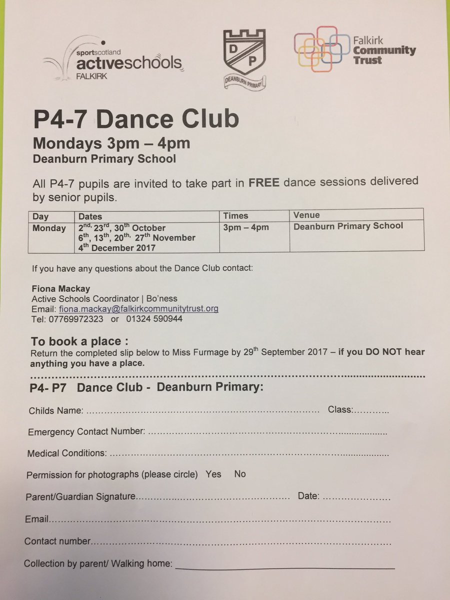 ASC_Fee's tweet photo. Dance club is back at Deanburn P4-7. Return permission slips to school. 💃 🕺 https://t.co/tUMuLckTnI