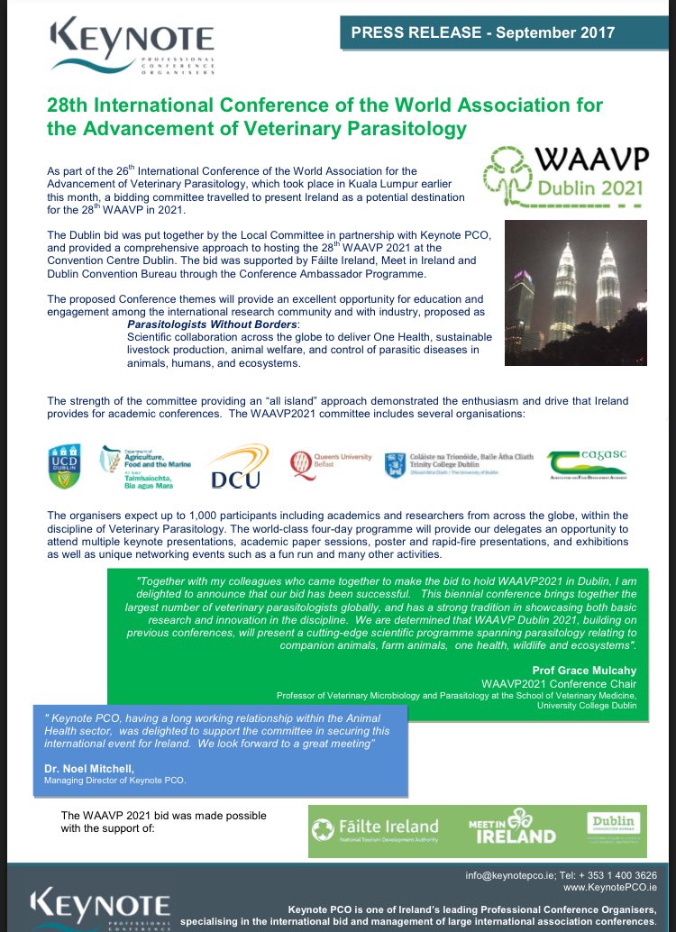 TCDParasitology's tweet photo. Very excited for Dublin to be hosting the 28th @WAAVPPARA meeting in 2021. #STEM #ScienceInIreland #Parasitology https://t.co/EuBjtwCKzW