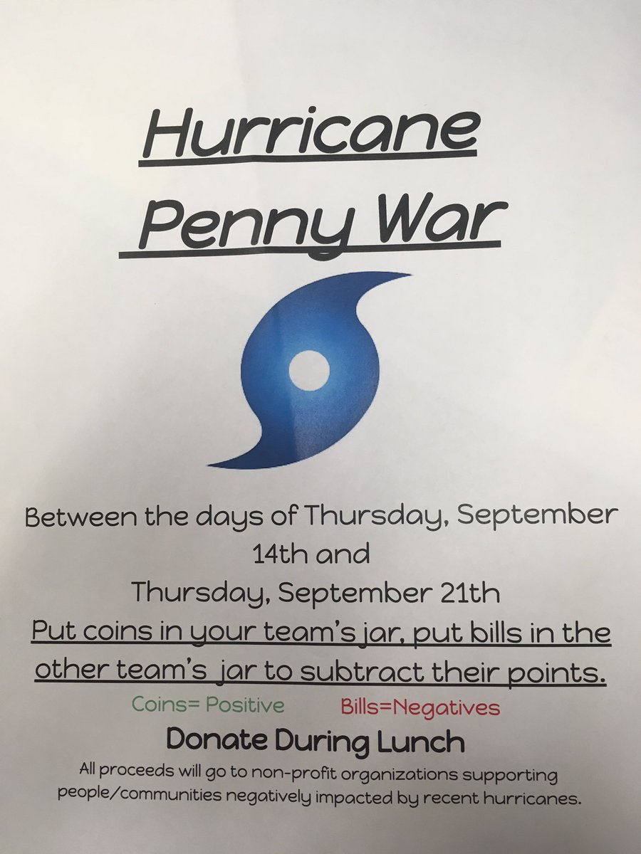 Don't forget to bring your $$ in for our hurricane relief efforts! @sms6east <a href="/AHSD25South/">South Middle School</a>