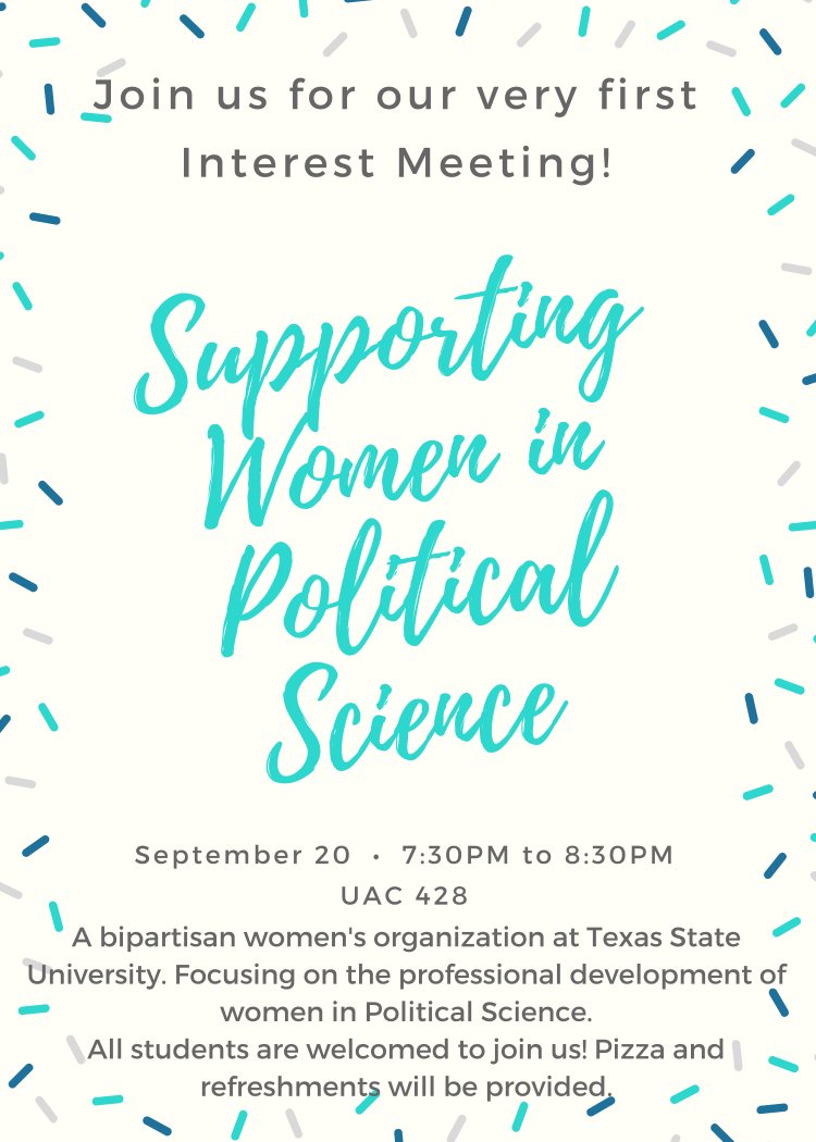 SWIPS_TXST's tweet photo. Come join us this Wednesday for our very first interest meeting! Free pizza and refreshments will be provided!
#TXST #SWIPS https://t.co/5IDjsCQv2j