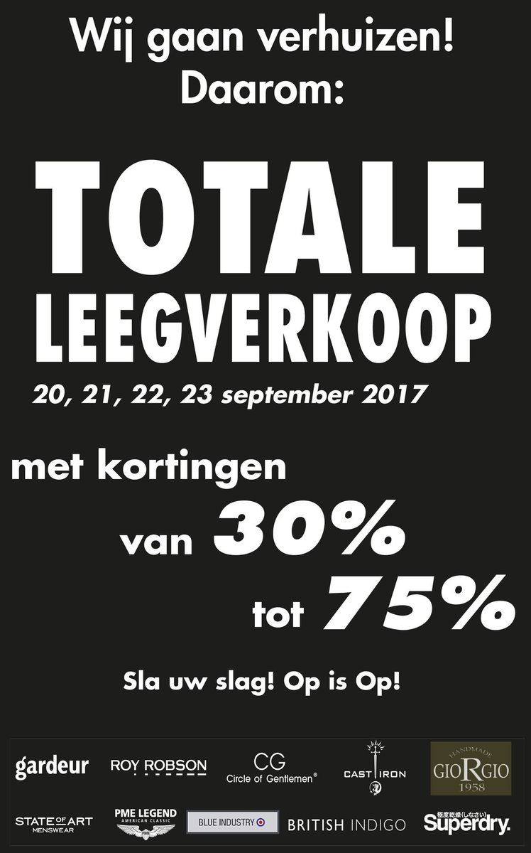 KlaasvdWerff's tweet photo. Vanaf woensdag: Totale Leegverkoop bij Klaas van der Werff‼️

Korting geldt niet voor: najaar/wintercollectie 2017 en NOS-artikelen. https://t.co/btmeAFhQFh