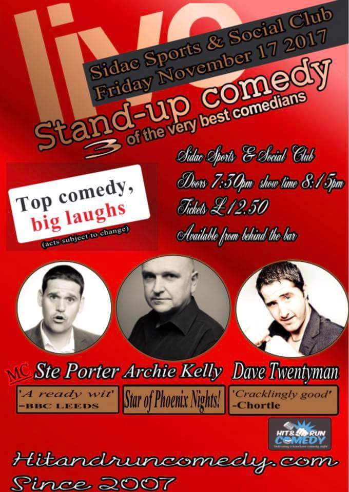 Great night of stand up comedy at The SIDAC Lounge on Friday 17th November at 7pm
Tickets available behind the bar
£12.50 each #StHelensHour