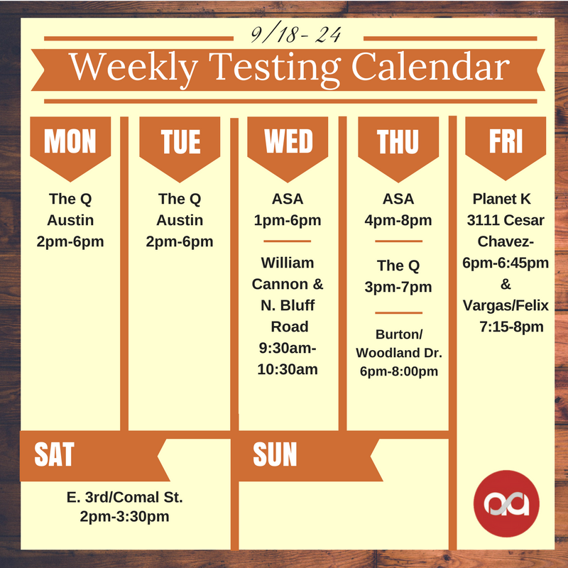 q_austin's tweet image. Here's our testing calendar for the week! #TestATX