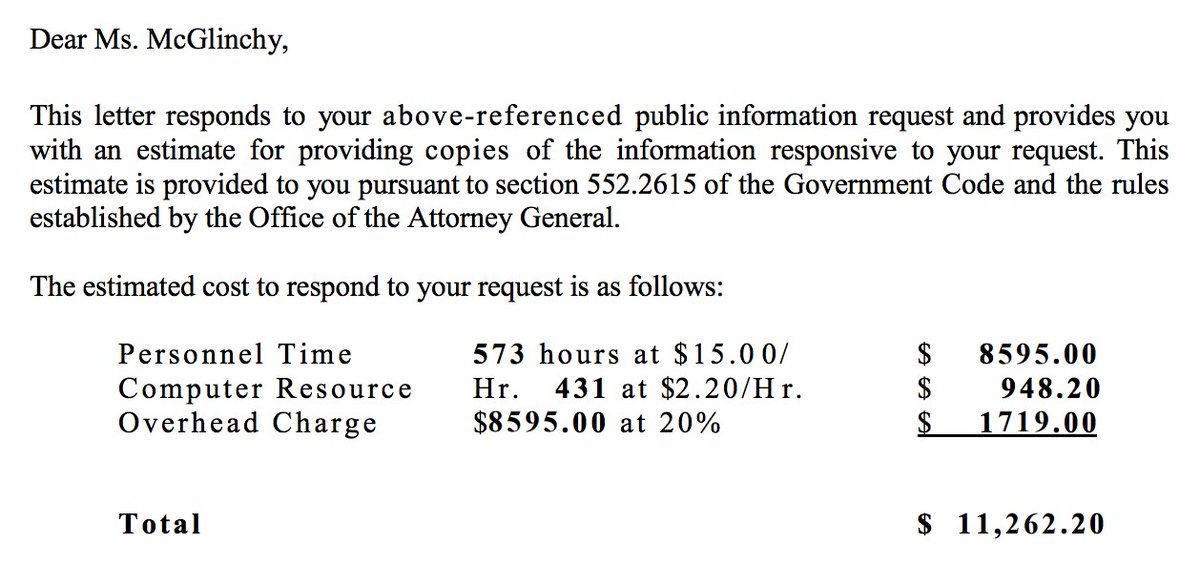 Cool. <a href="/austintexasgov/">City of Austin</a> wants to charge <a href="/AKMcGlinchy/">Audrey McGlinchy</a> $11,262.20 for 10 days worth of emails.