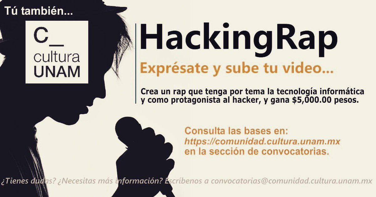 C_CulturaUNAM's tweet photo. Faltan dos semanas para el cierre ¿Ya enviaste tu rap? Déjanos verlo y tú también C_CulturaUNAM #HackingRap ¡DALE RT! https://t.co/RuA64MjVGI