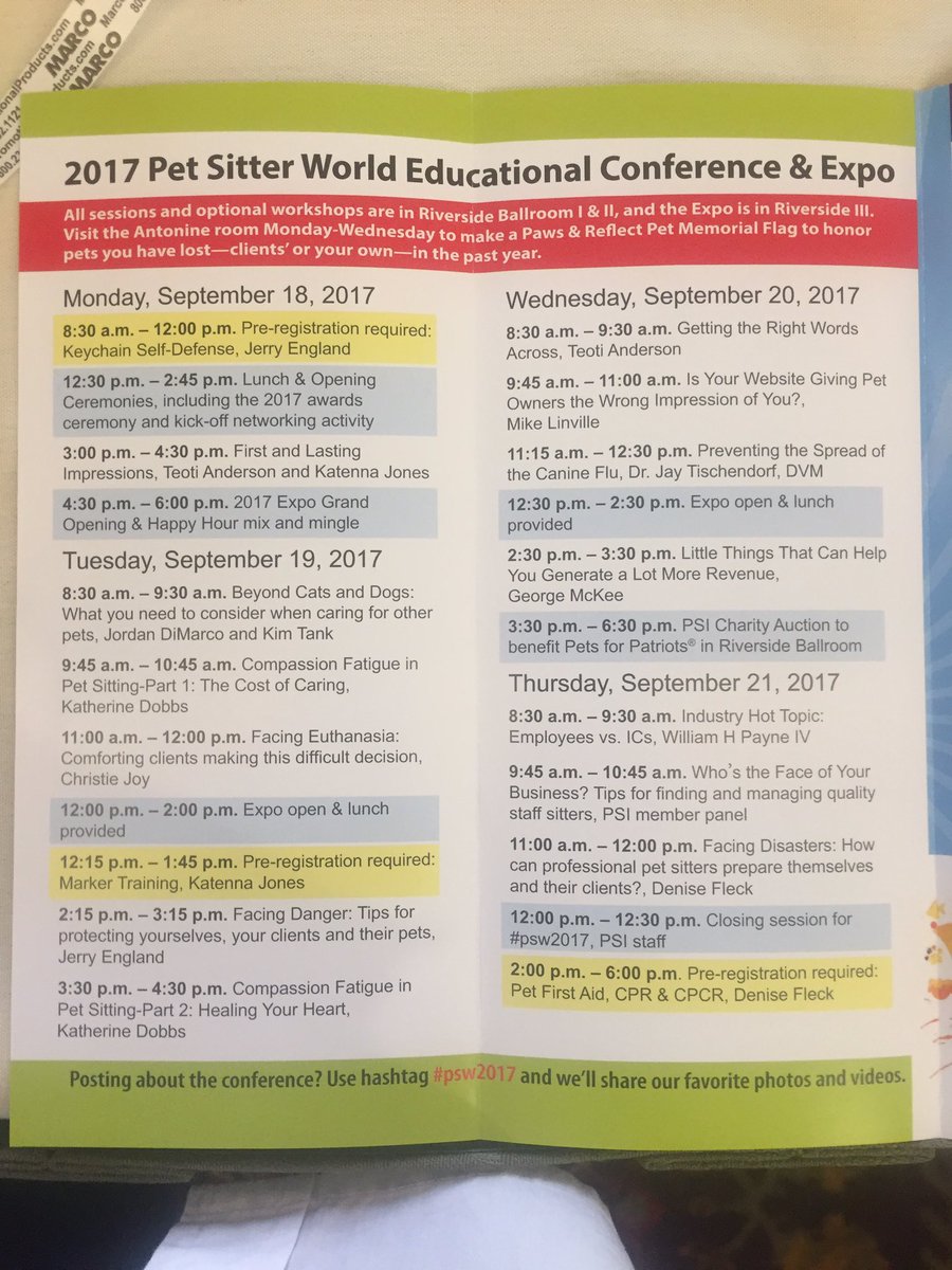 MindfulPet's tweet photo. Here's what's happening at the 2017 Pet Sitter World Educational Conference in NOLA! #psw2017 #hireaprofessionalpetsitter https://t.co/J96s0Hqt4C