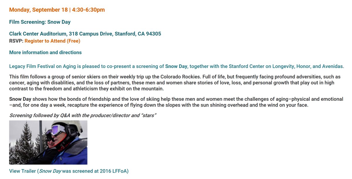 Snow Day @ Stanford today - Film follows senior skiers on weekly trips up the Rockies &amp; their journeys through life. goo.gl/xCSy9R