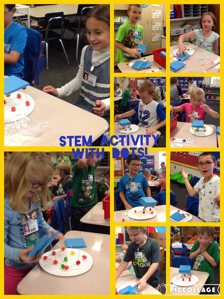 GESMrsScudder's tweet photo. In honor of Dot Day, we had our first STEM activity using DOTS!  Students had to build a structure using dots and toothpicks.  FUN! https://t.co/7tkpHC68w2