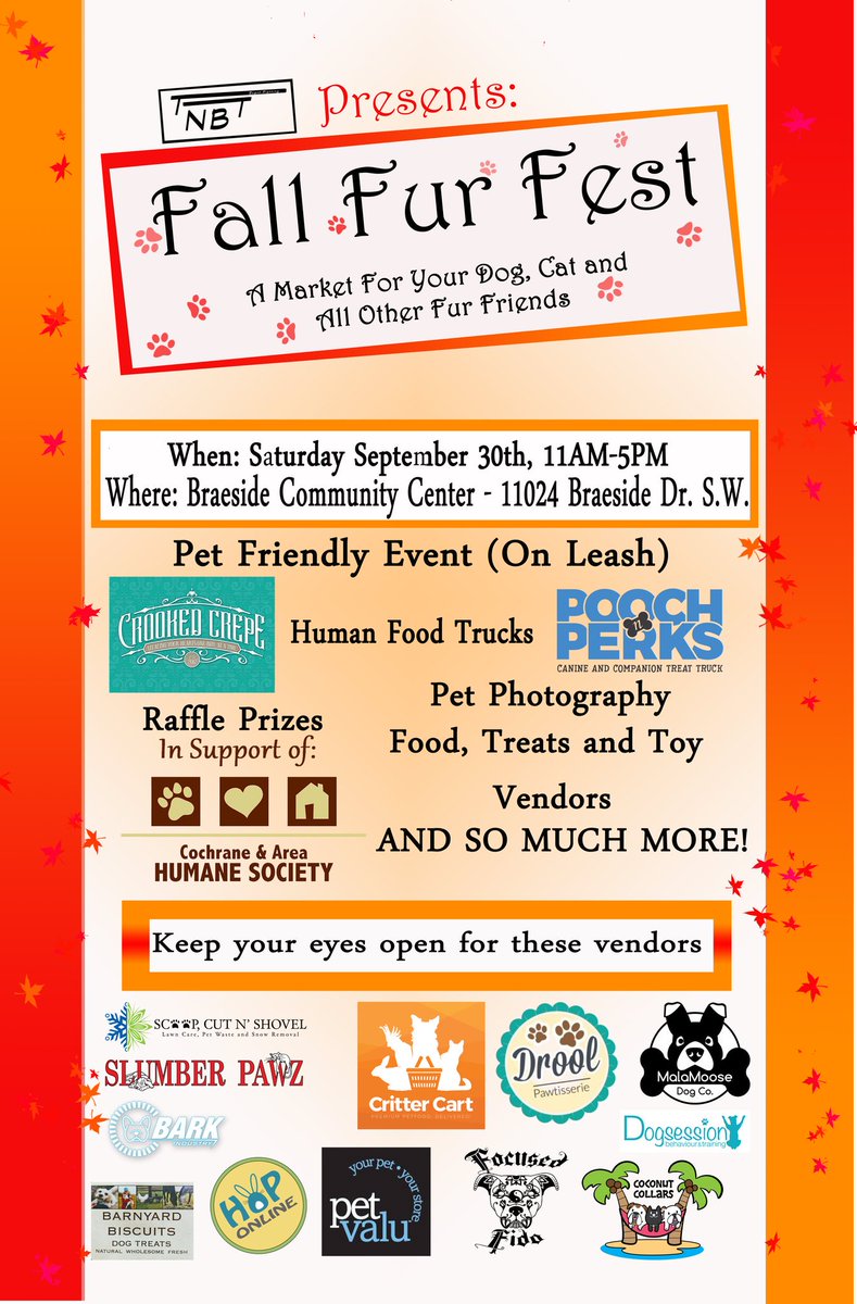 Tnbteventplans's tweet photo. @nenshi could you shout out encouraging yyc pet owners to shop local at the #Fallfurfest. Braeside community cntr Sept. 30. fallfurfest.ca https://t.co/3vh5K2ZRf2