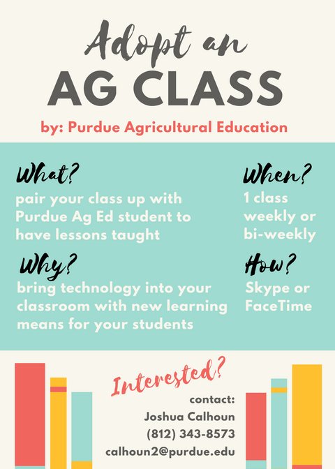 IndianaAgEd's tweet photo. Check Out @PurdueAgEd @YDAE_Purdue Adopt an Ag Class program! #teachag https://t.co/cD0KUlwU5I