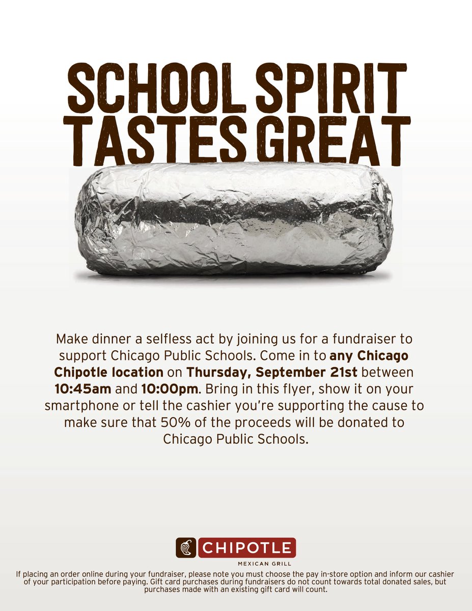 ChiPubSchools's tweet photo. Eat a delicious burrito tomorrow and 50% goes to fund public education! @ChipotleTweets https://t.co/2mJnO2r7XS