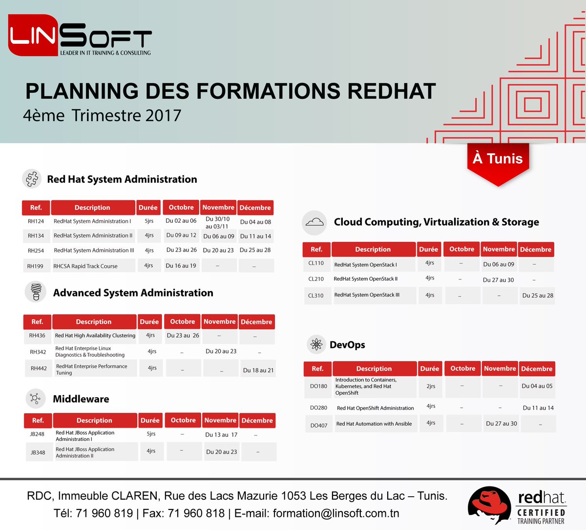 LinsoftTunisia's tweet photo. 📣 #LinSoft a le plaisir de partager avec vous notre planning des formations RedHat pour le quatrième semestre 2017 à #Tunis 🇹🇳���. https://t.co/2qyVdDoy2z
